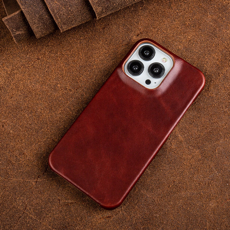 Oil Wax Genuine Leather Apple iPhone Case - Exoticase - For iPhone 15 Pro Max / Coffee