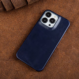 Oil Wax Genuine Leather Apple iPhone Case - Exoticase - For iPhone 15 Pro Max / Navy Blue