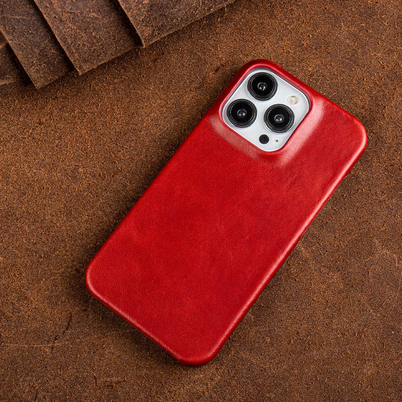 Oil Wax Genuine Leather Apple iPhone Case - Exoticase - For iPhone 15 Pro Max / Red