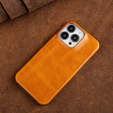 Oil Wax Genuine Leather Apple iPhone Case - Exoticase - For iPhone 15 Pro Max / Yellow