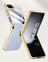 Gold phone case for Samsung Z Flip with text highlighting features on a light gray background