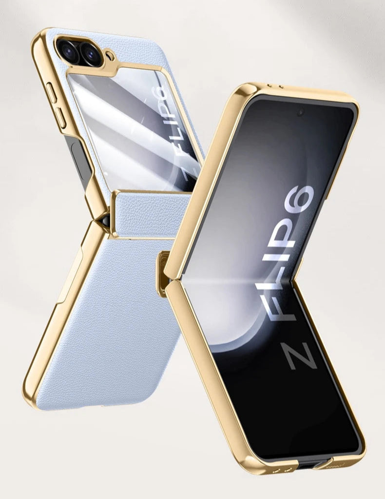 Gold phone case for Samsung Z Flip with text highlighting features on a light gray background