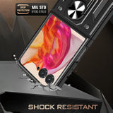 Phone case with shock absorption feature and MIL STD certification on a dark background