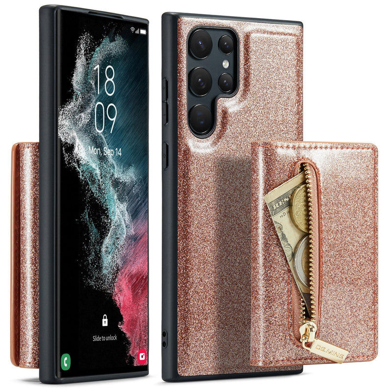 Shiny Glitter Detachable Magnetic Wallet Samsung Case-Exoticase-For Galaxy S23 Ultra-Rose Gold-