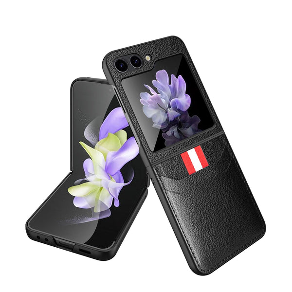 Stitched Leather Z Flip 5 Case with Dual Card Slot-Exoticase-For Galaxy Z Flip 5-Black-Exoticase