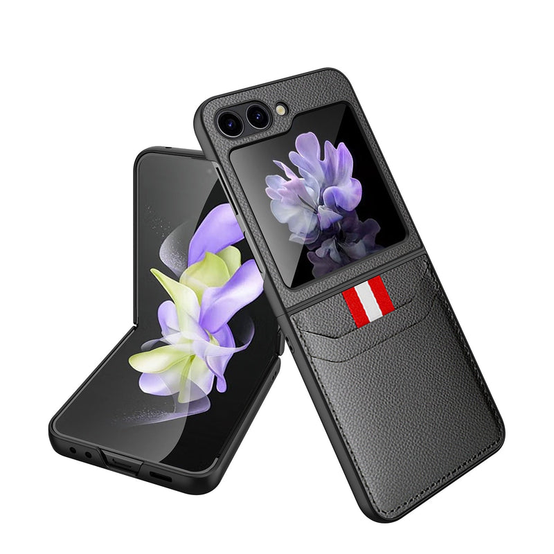 Stitched Leather Z Flip 5 Case with Dual Card Slot-Exoticase-For Galaxy Z Flip 5-Gray-
