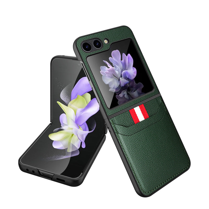 Stitched Leather Z Flip 5 Case with Dual Card Slot-Exoticase-For Galaxy Z Flip 5-Green-Exoticase