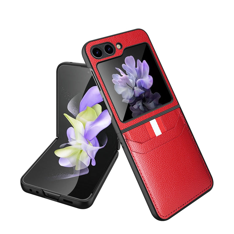 Stitched Leather Z Flip 5 Case with Dual Card Slot-Exoticase-For Galaxy Z Flip 5-Red-