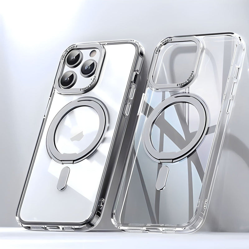 Strong Magnetic Rotatable Metal Bracket iPhone Case-Exoticase-For iPhone 15 Pro Max-Transparent-