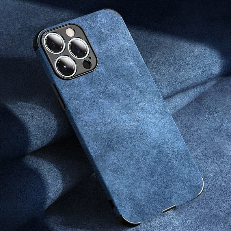 Suede Leather Apple iPhone Case-iPhone Leather Suede Case-Exoticase-For iPhone 15 Pro Max-Blue-
