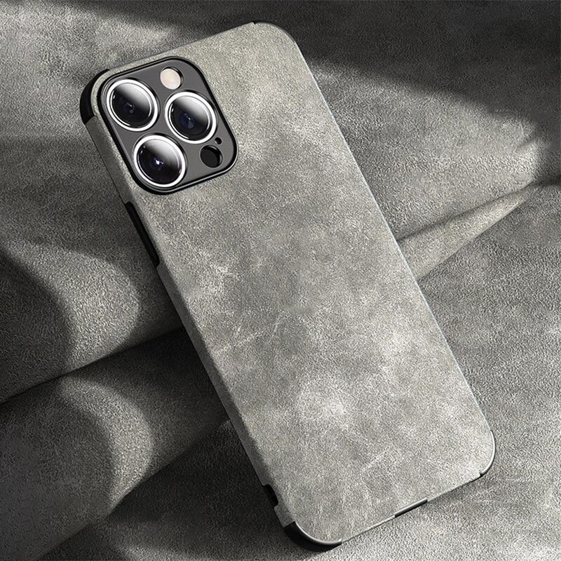 Suede Leather Apple iPhone Case-iPhone Leather Suede Case-Exoticase-For iPhone 15 Pro Max-Dark Gray-