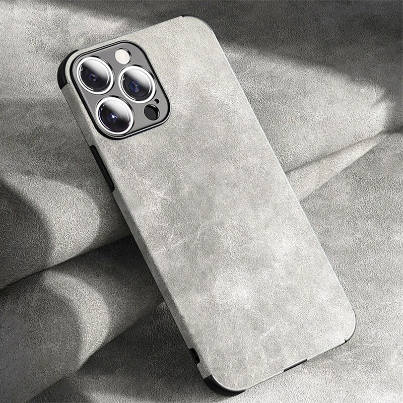 Suede Leather Apple iPhone Case-iPhone Leather Suede Case-Exoticase-For iPhone 15 Pro Max-Light Gray-