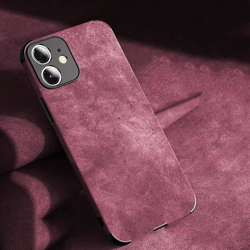 Suede Leather Apple iPhone Case-iPhone Leather Suede Case-Exoticase-For iPhone 15 Pro Max-Wine Red-