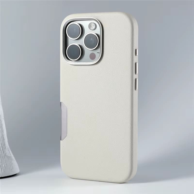 Synthetic Leather Metal Buttons Camera iPhone Case-Exoticase-For iPhone 16 Pro Max-Beige-Exoticase