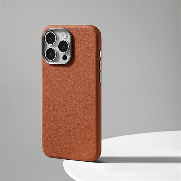 Synthetic Leather Metal Buttons Camera iPhone Case-Exoticase-For iPhone 15 Pro Max-Brown-Exoticase