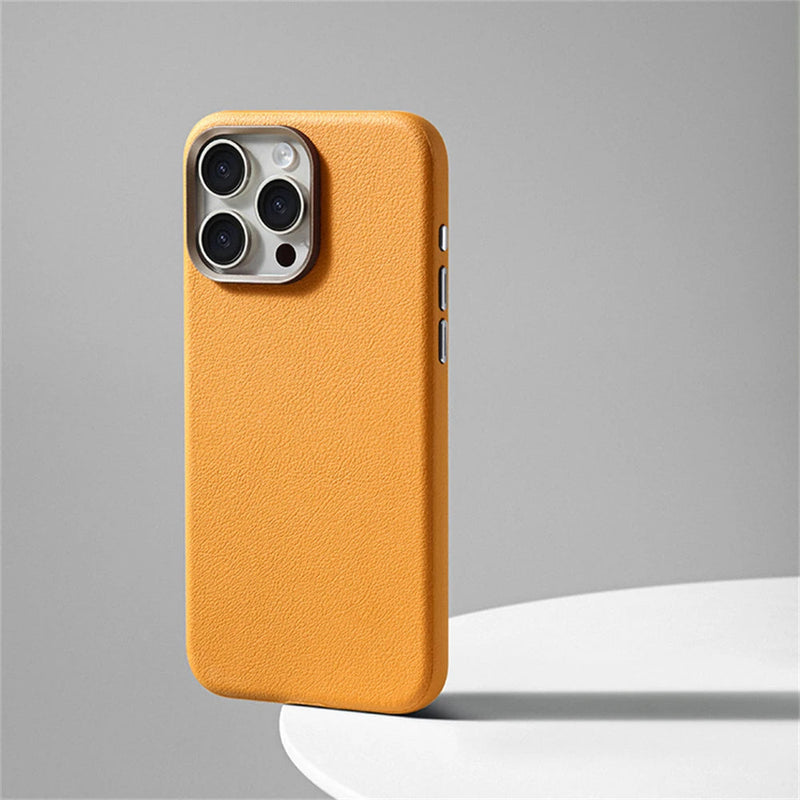 Synthetic Leather Metal Buttons Camera iPhone Case-Exoticase-For iPhone 15 Pro Max-Yellow-Exoticase