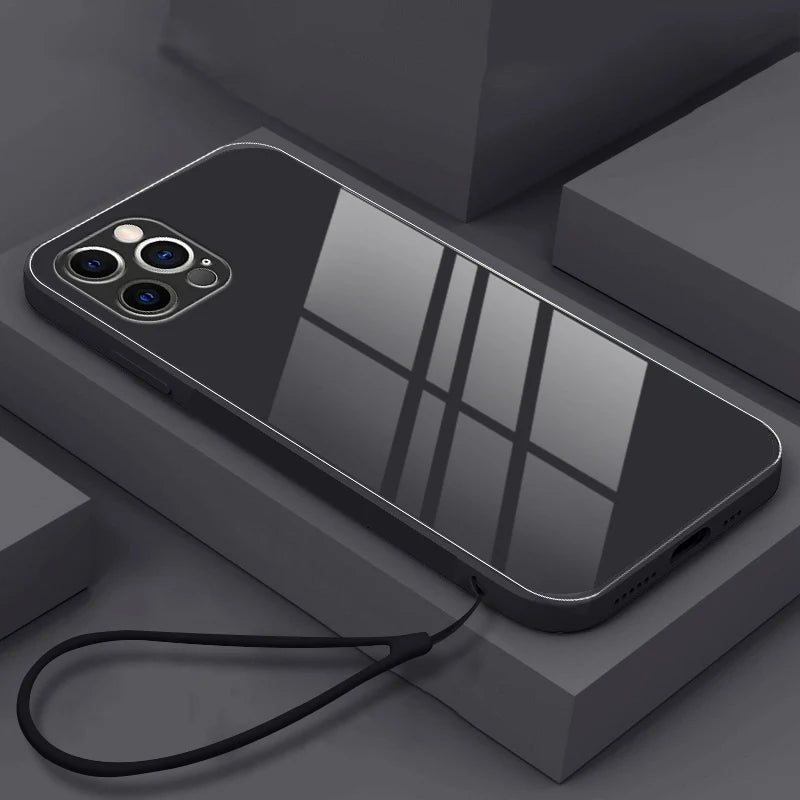Tempered Glass Back iPhone Case With Strap, For iPhone 14 Pro Max / Black Tempered Glass Back iPhone Case With Strap, For iPhone 14 Pro Max / Black