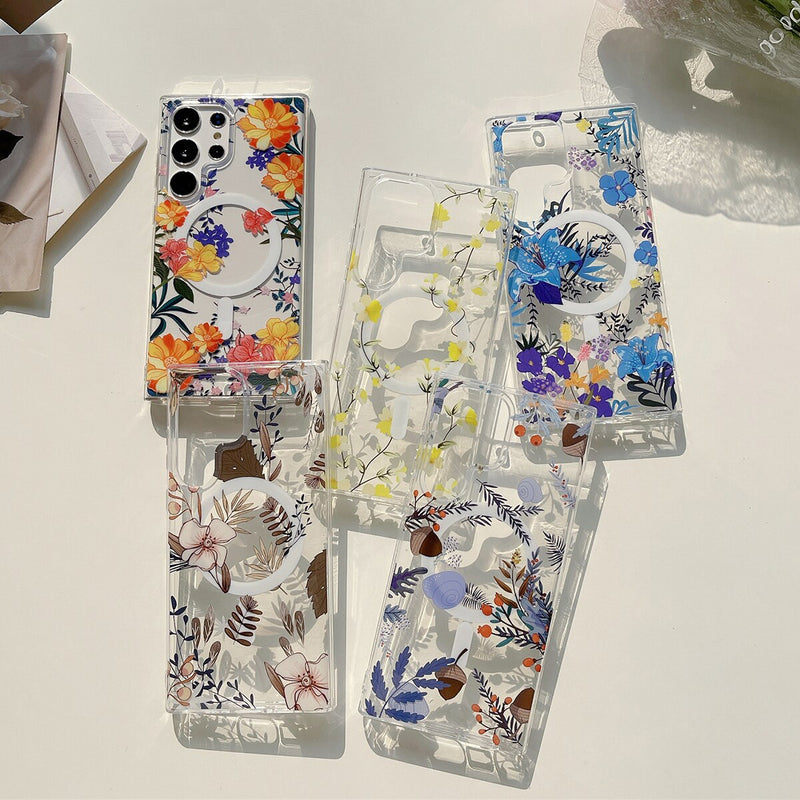 Translucent Vintage Leaves Wireless Charging Magnetic Samsung Galaxy Case-Exoticase-
