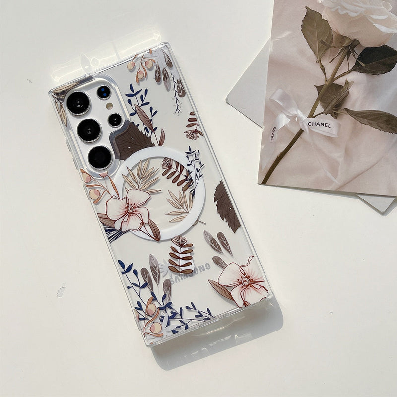 Translucent Vintage Leaves Wireless Charging Magnetic Samsung Galaxy Case-Exoticase-For Samsung S23 Ultra-b-