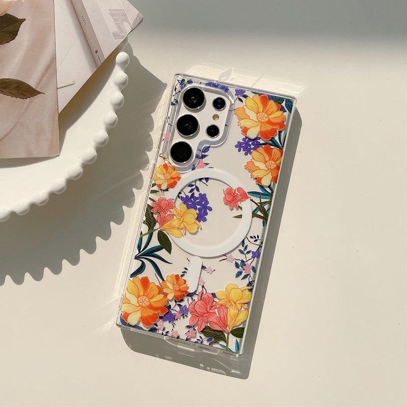 Translucent Vintage Leaves Wireless Charging Magnetic Samsung Galaxy Case-Exoticase-For Samsung S23 Ultra-c-