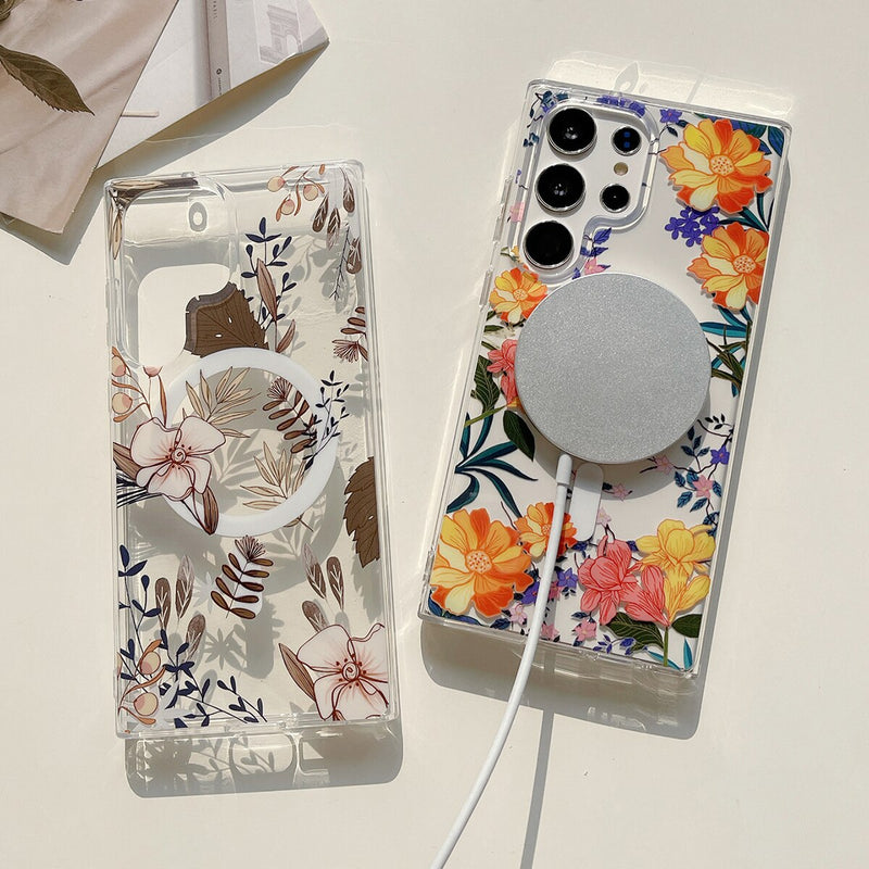 Translucent Vintage Leaves Wireless Charging Magnetic Samsung Galaxy Case-Exoticase-