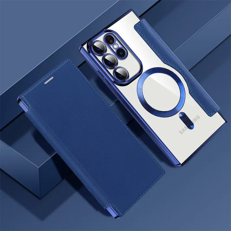 Transparent MagSafe Flip Wallet Samsung Case - Exoticase - For Samsung S24 Ultra / Dark Blue