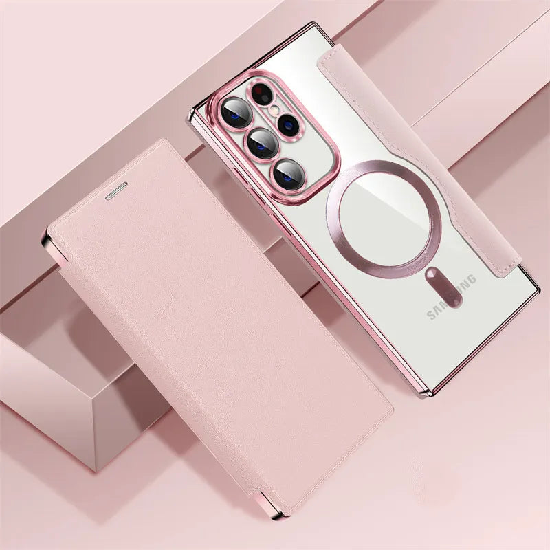 Transparent MagSafe Flip Wallet Samsung Case - Exoticase - For Samsung S24 Ultra / Pink