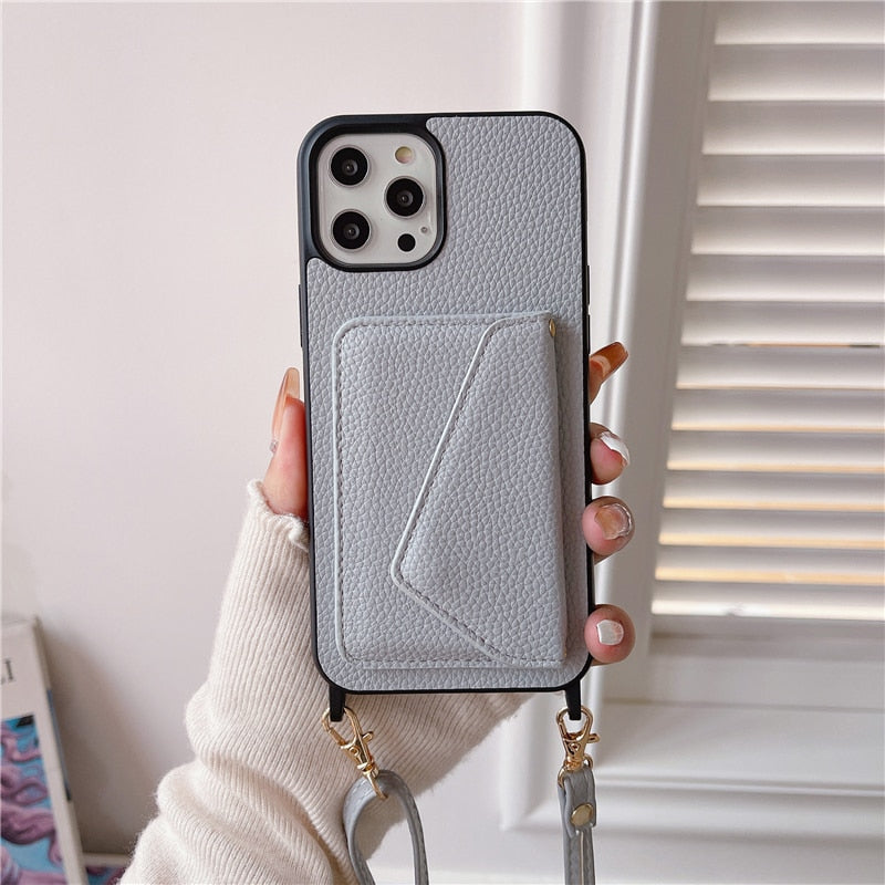 Trendy Crossbody Shoulder Strap Wallet Apple iPhone Case-iPhone Case-Exoticase-For iPhone 14 Pro Max-lake blue-