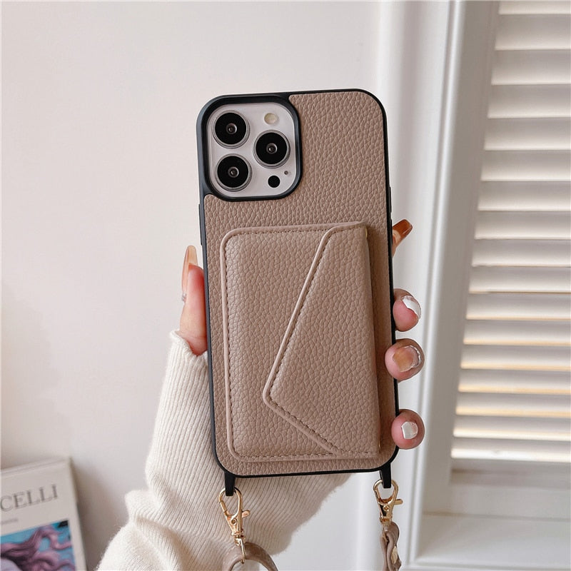 Trendy Crossbody Shoulder Strap Wallet Apple iPhone Case-iPhone Case-Exoticase-For iPhone 14 Pro Max-Camel-