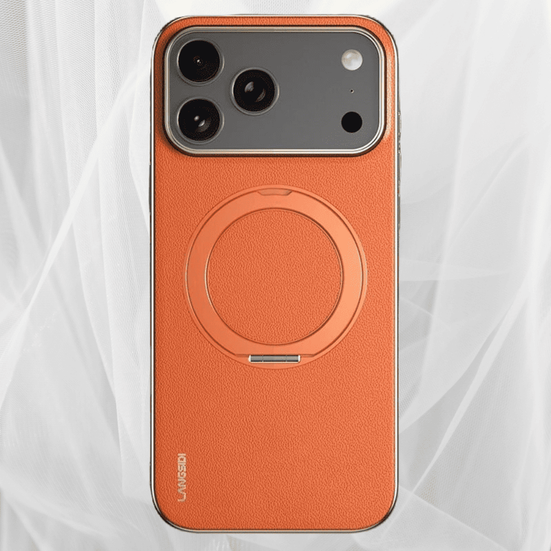 Vacuum Plated Sides Leather MagSafe Ring iPhone Case-Exoticase-For iPhone 17 Pro Max-Orange-Exoticase