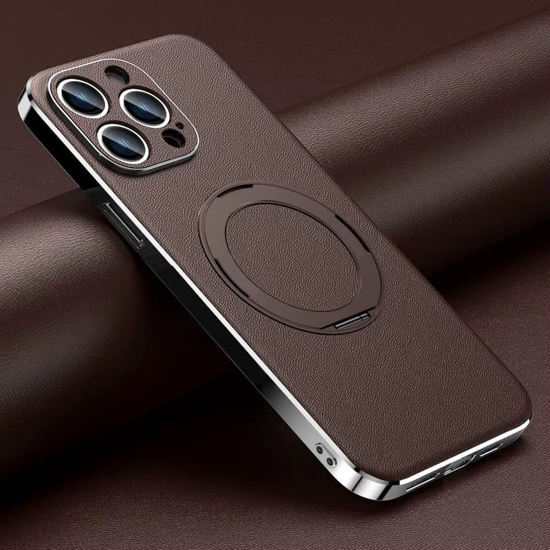 Vacuum Plated Sides Leather MagSafe Ring iPhone Case-Exoticase-For iPhone 15-Brown-Exoticase
