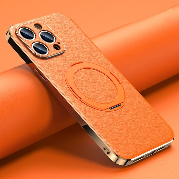 Vacuum Plated Sides Leather MagSafe Ring iPhone Case, For iPhone 14 Pro Max / Orange