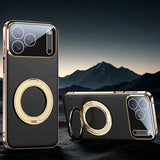 Vacuum Plated Sides Leather MagSafe Ring iPhone Case-Exoticase-For iPhone 17 Pro Max-Black 2-Exoticase