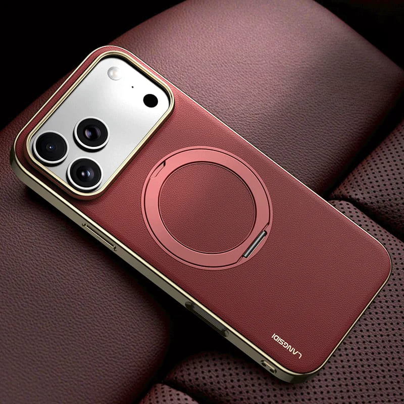 Vacuum Plated Sides Leather MagSafe Ring iPhone Case-Exoticase-For iPhone 17 Pro Max-Red-Exoticase