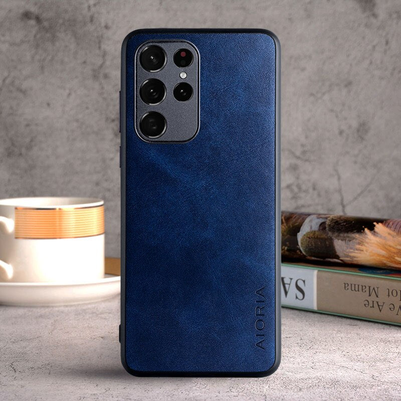 Vintage PU Leather Samsung Galaxy Case-Exoticase-S23 Ultra-Dark Blue (Design 1)-