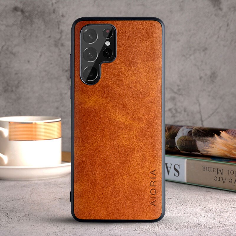 Vintage PU Leather Samsung Galaxy Case-Exoticase-S23 Ultra-Orange (Design 2)-