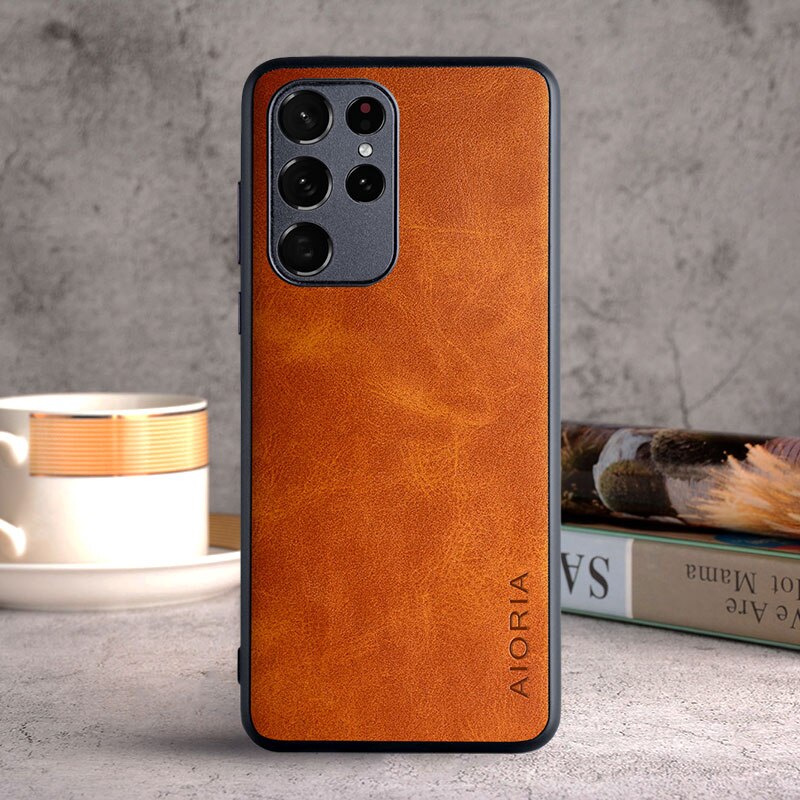 Vintage PU Leather Samsung Galaxy Case-Exoticase-S23 Ultra-Orange (Design 1)-