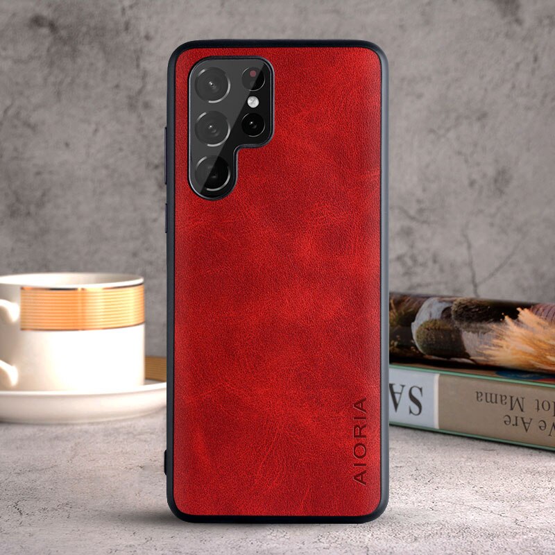 Vintage PU Leather Samsung Galaxy Case-Exoticase-S23 Ultra-Red (Design 2)-