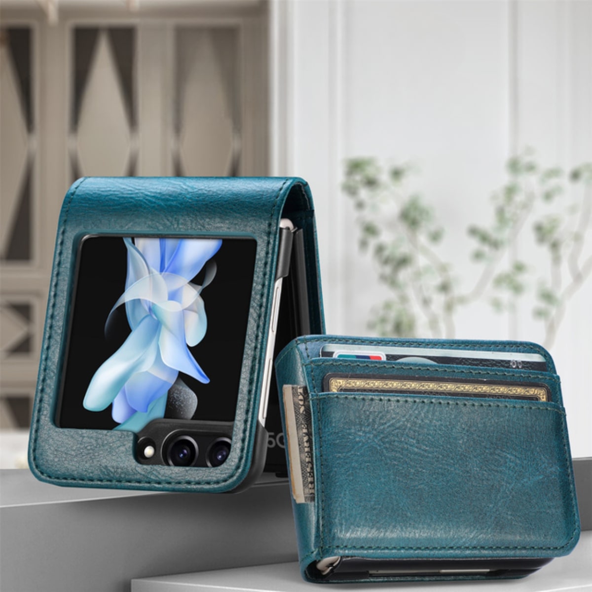 Wallet Samsung Z Flip Case, For Samsung Z Flip 3 / Blue Green Wallet Samsung Z Flip Case, For Samsung Z Flip 3 / Blue Green
