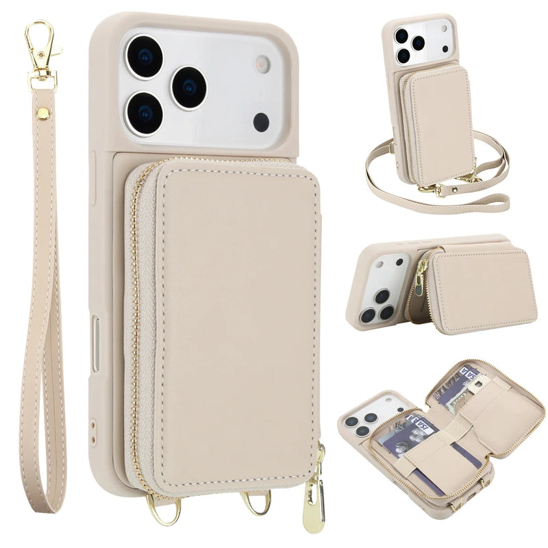 Zipper Wallet Crossbody Strap Apple iPhone Case-Exoticase-For iPhone 17 Pro Max-White-Exoticase