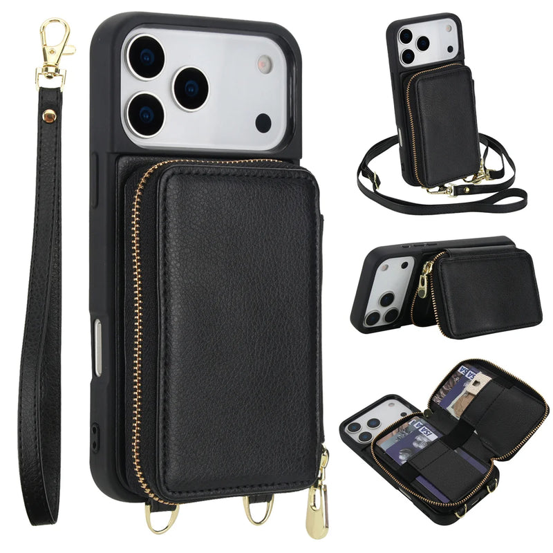 Zipper Wallet Crossbody Strap Apple iPhone Case-Exoticase-For iPhone 17 Pro Max-Black-Exoticase