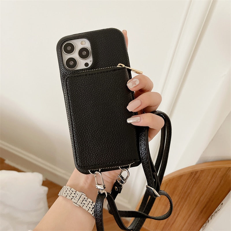 Zipper Wallet Crossbody Strap Apple iPhone Case, for iPhone 15 Pro / Black