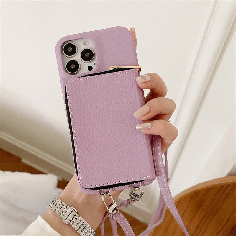 Zipper Wallet Crossbody Strap Apple iPhone Case-Exoticase-For iPhone 15 Pro Max-Purple-