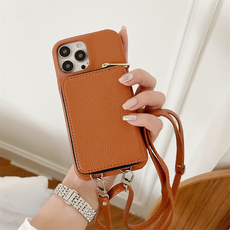 Zipper Wallet Crossbody Strap Apple iPhone Case, For iPhone 16e or 17e / Auburn