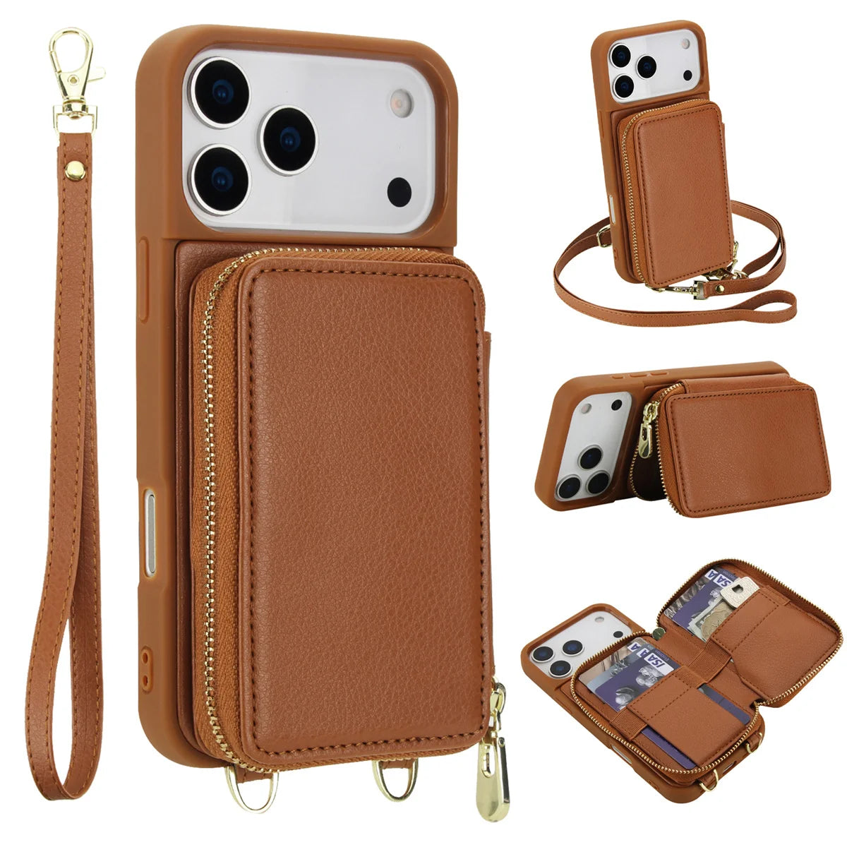 Zipper Wallet Crossbody Strap Apple iPhone Case, For iPhone 16e or 17e / Auburn Zipper Wallet Crossbody Strap Apple iPhone Case, For iPhone 16e or 17e / Auburn