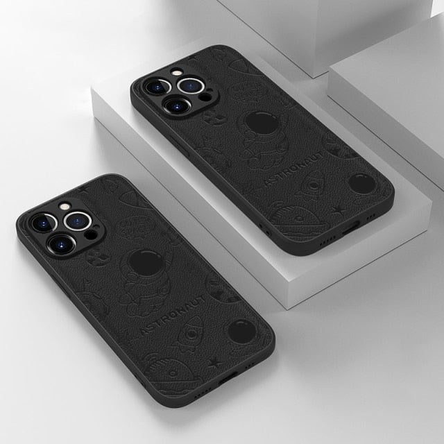 Cute Astronaut Soft Leather iPhone Case - Exoticase - For iPhone 13 Pro max / Black