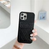 Diamond Pattern Leather Like Wallet iPhone Case - Exoticase - For iPhone 13 Pro Max / Black