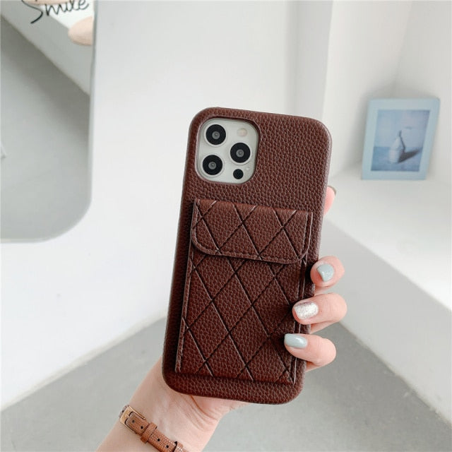 Diamond Pattern Leather Like Wallet iPhone Case - Exoticase - For iPhone 13 Pro Max / Brown