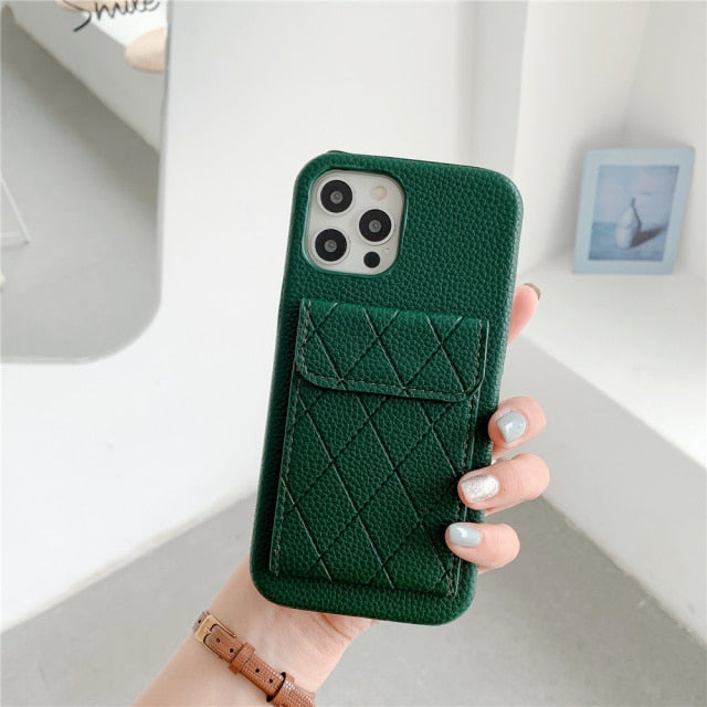 Diamond Pattern Leather Like Wallet iPhone Case - Exoticase - For iPhone 13 Pro Max / Dark Green