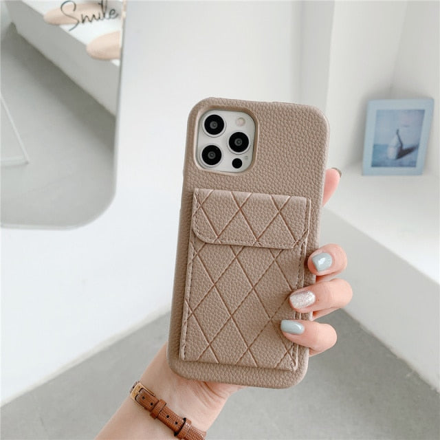 Diamond Pattern Leather Like Wallet iPhone Case - Exoticase - For iPhone 13 Pro Max / Khaki